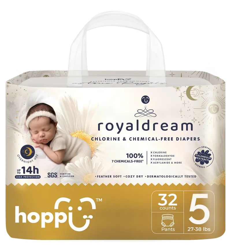 Hoppi 360° Waistband Potty Training Pants | Size 5 Pull Up Diapers (27-38 lbs) | Ultra Soft Hypoallergenic for Sensitive Skin | Absorbent Overnight Leak Protection, 32 Count