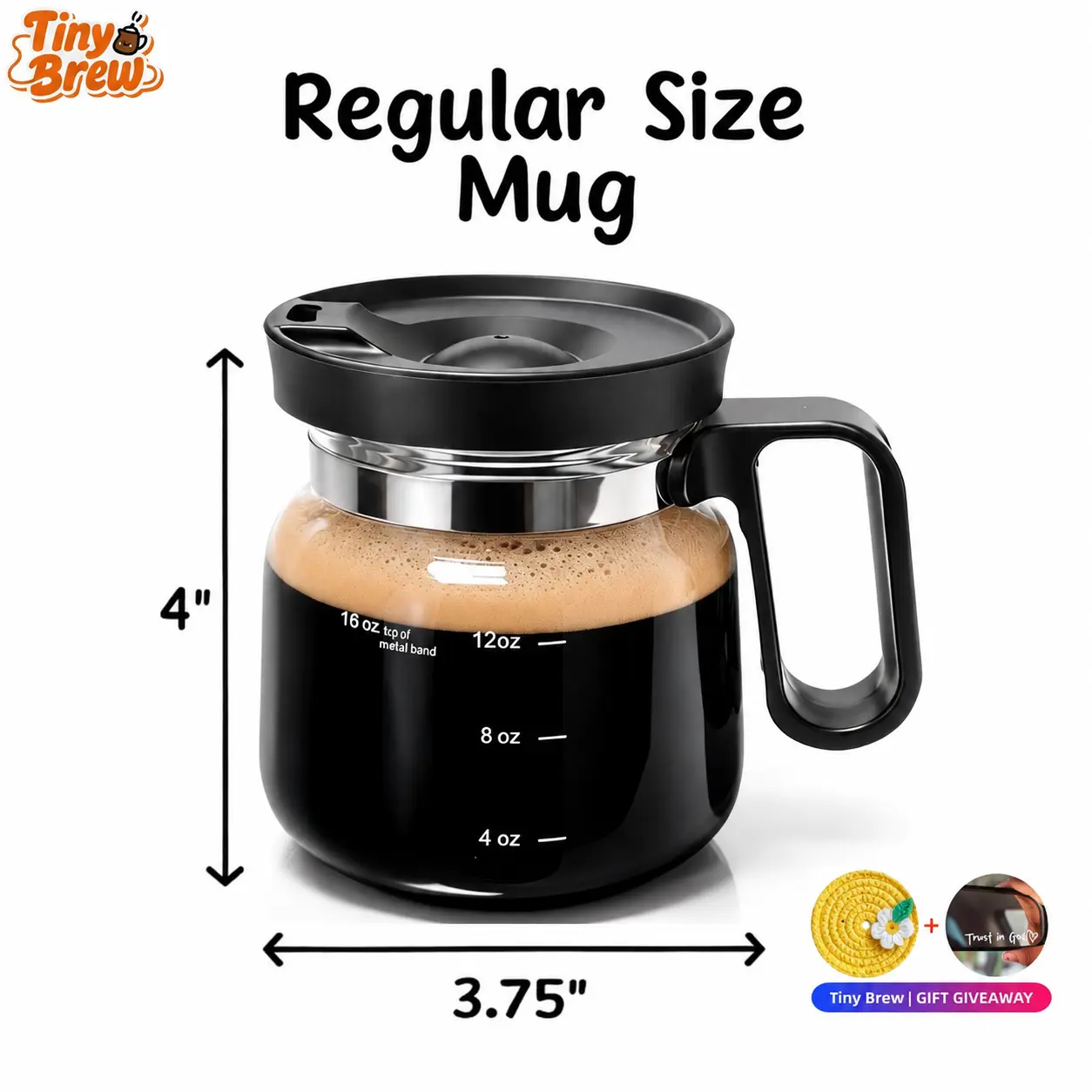 Tiny Brew Novelty Coffee Pot Shaped Glass Mug, 16oz with Lid - Fun Adulting Gifts for Coffee Lovers, Christmas & Father's Day Gifts