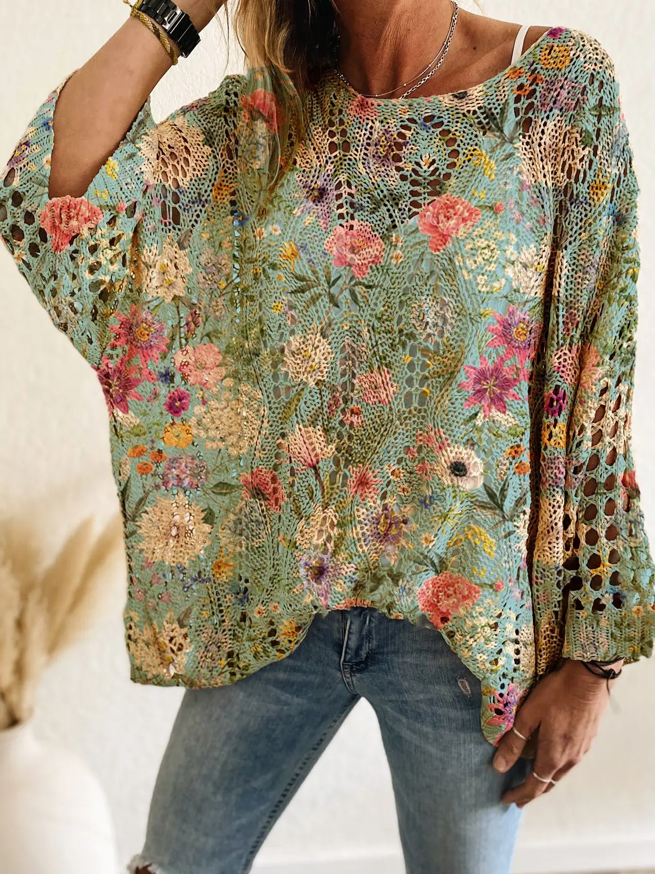 Spring Summer New Round Neck Hollow Out Batwing Shoulder Long Sleeve Floral Print Knit Top Knitwear, Casual Loose Fit Beach Vacation Hoodie
