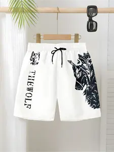 Boys' 3D Wolf Head Letter Print Drawstring Shorts, Casual Summer Wear, Slim-Fitting All over Print, Short Hem Length