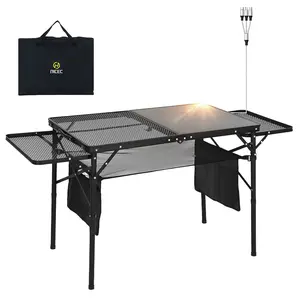 Folding Camping Grill Table with Built-in Solar Panel, USB, Type-C & DC Outlets, 2 Side Shelves for Outdoor Use