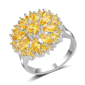 Mytys Yellow Crystal Cluster Ring - Elegant Silver Band with Marquise Cut Stones for Women's Fashion Jewelry Daily & Party Wear