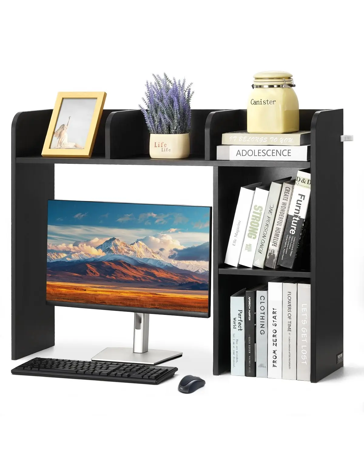 2-Tier Desktop Bookshelf And Storage Organizer, 37.2 X 9.5 X 28.9 Inches, Wooden Display Shelf With Anti-Slip Feet, Durable Space-Saving Hutch For Office, Home Dorm, Ideal For Books, Notebooks, Binders, And Office Supplies, Black