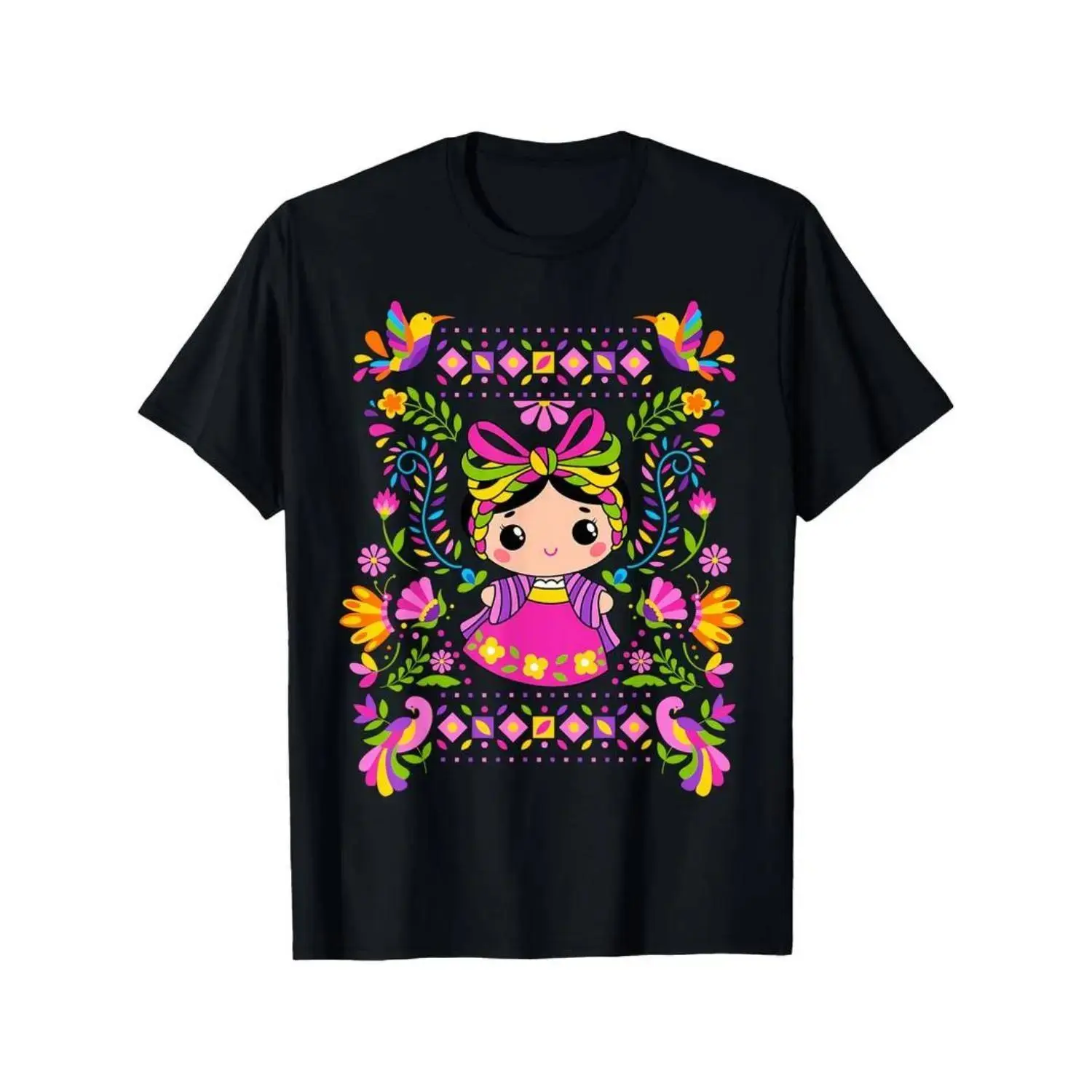 Vibrant Mexican Mazahua Lele Maria Women s T Shirt with Cartoon Folk Art Graphic and Colorful Floral Patterns Comfortable Cotton Short Sleeve Casual Machine Washable Black