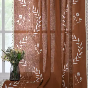 Boho Curtains for Living Room 84 Inch Long Terracotta Patterned  Farmhouse Curtains 2 Panels,Linen Tassel Floral Window Curtain, Burnt Orange