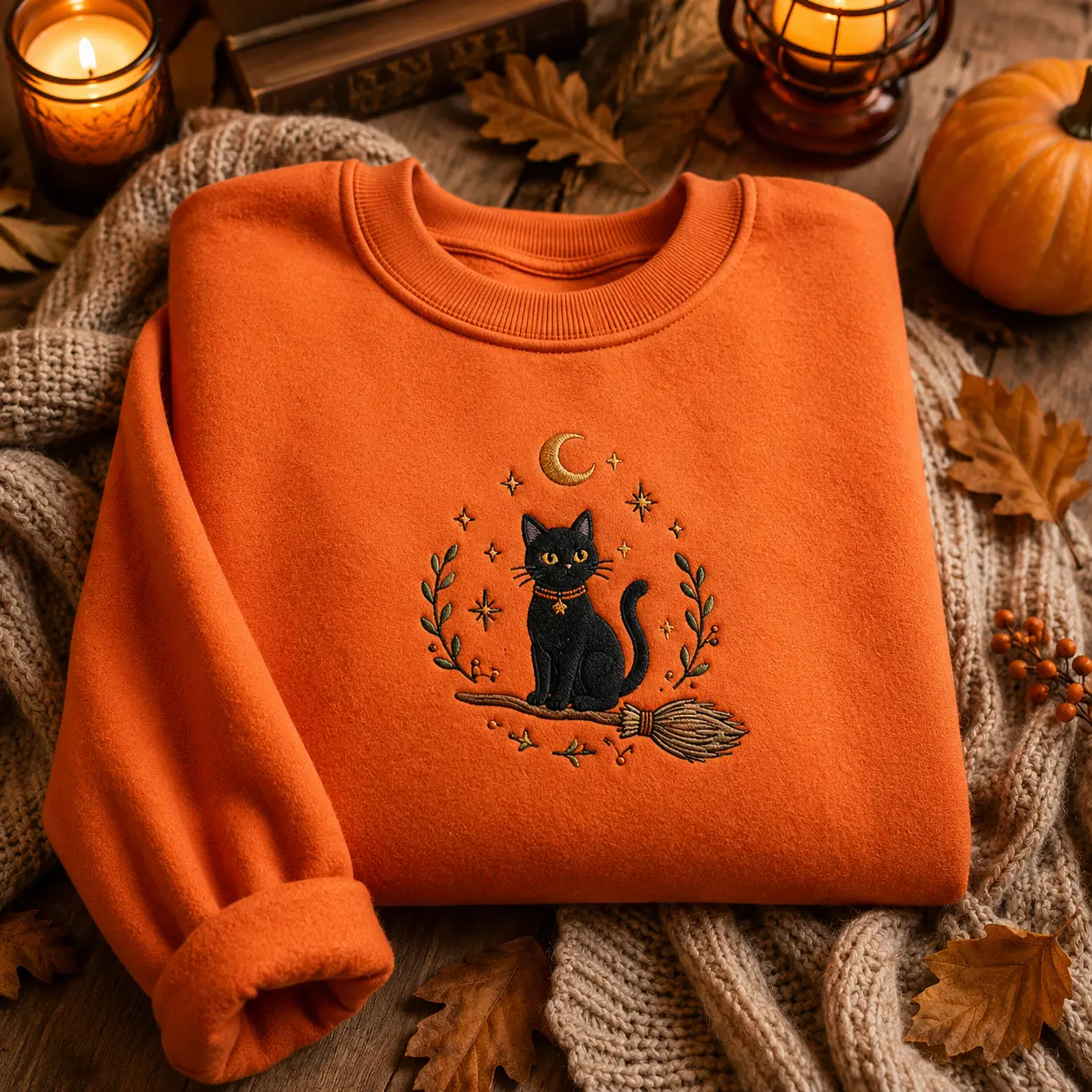 [Made in US] Embroidered Halloween Cat Sweatshirt Witchy Feline Orange Crewneck Autumn Fall Festival Wear