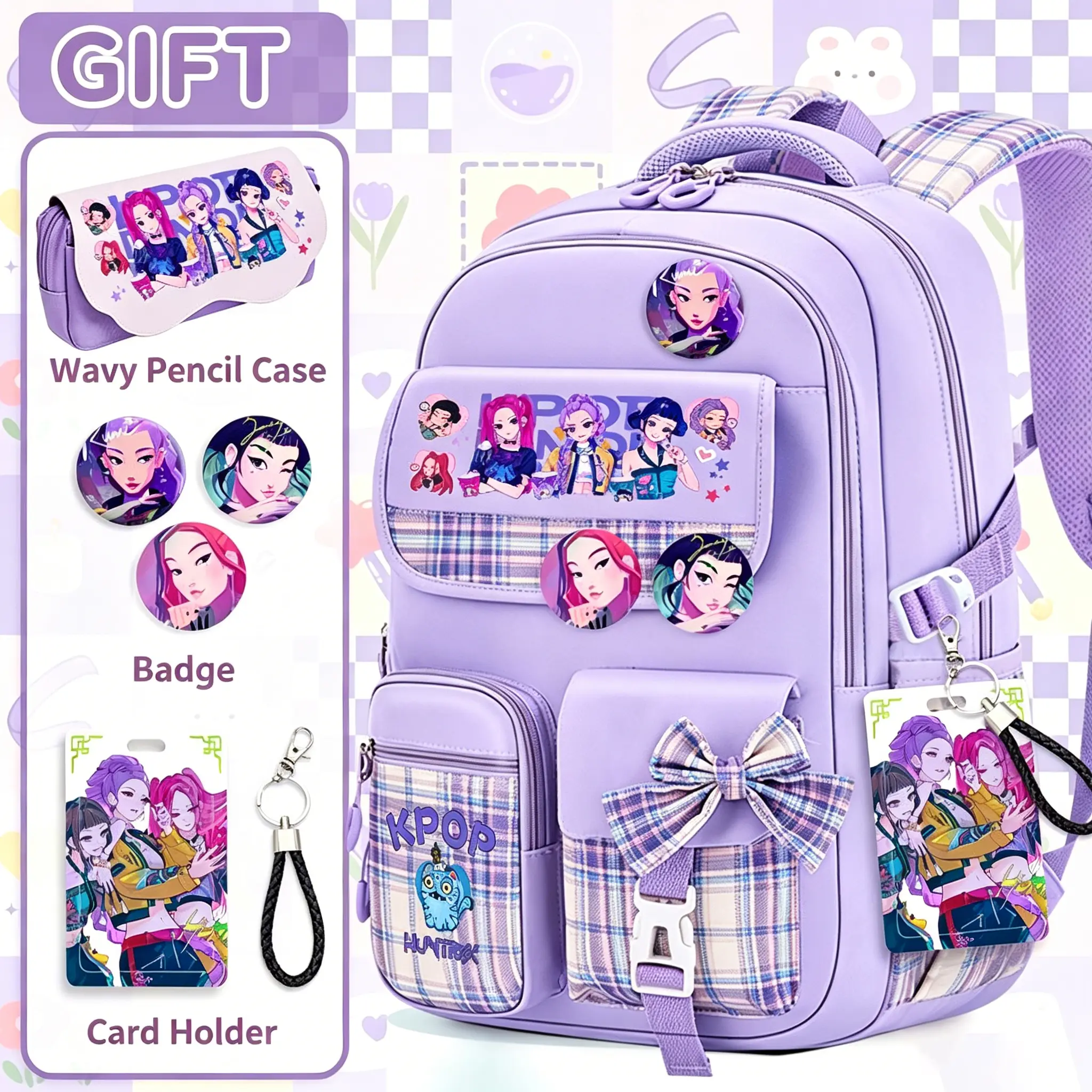 K-Pop Idol 4-in-1 Backpack Set for Girls, Large Capacity School Bookbag with Wavy Pencil Case, 3 Character Badges & Card Holder Lanyard, Plaid Bow Cute Student Daypack Back-to-School Gift for Teen Girls