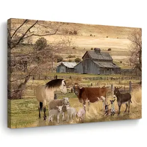 1pc Farm Animal Canvas Wall Art with Wooden Frame - Rustic Farmhouse Scene Print for Living Room, Bedroom, Office - Woven Bachelor Party Décor, Christmas Gift - 11.8" x 15.7" Decor Decoration Ornaments Artistic