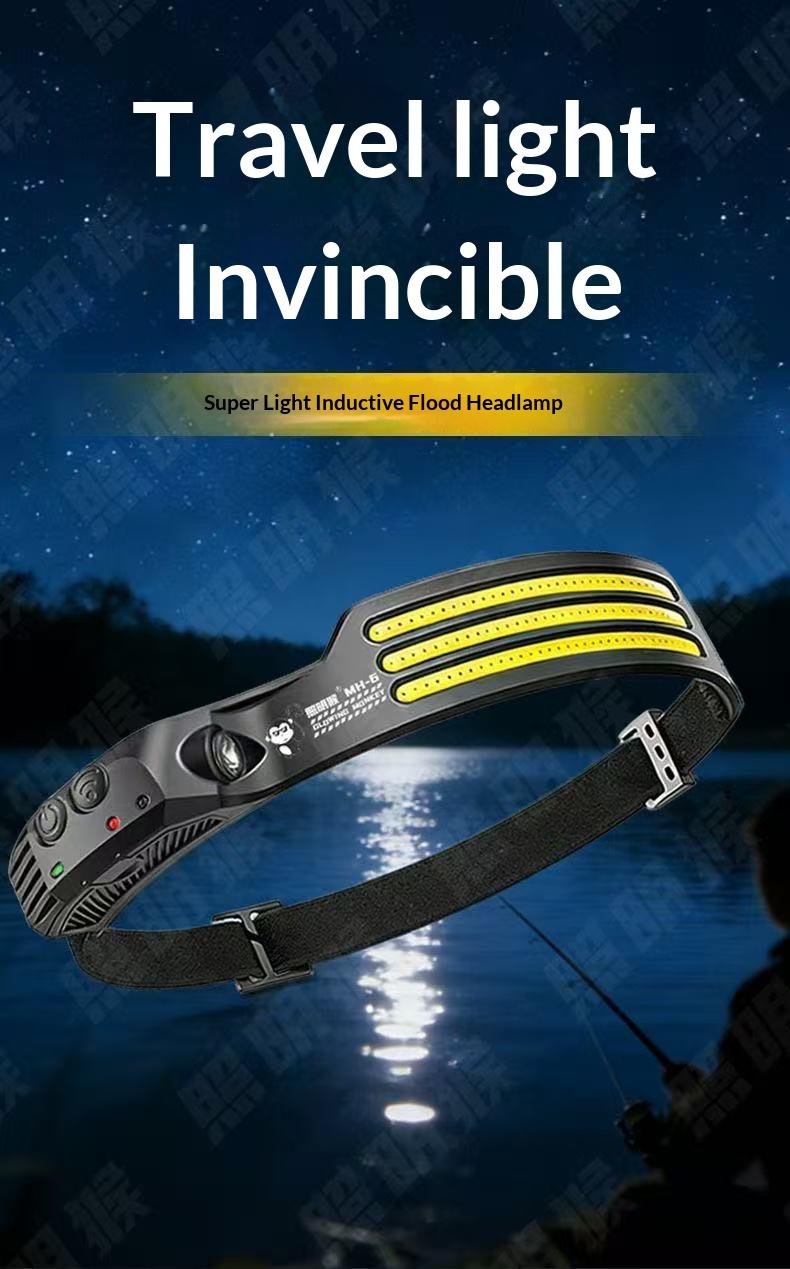 Silicone headlight LED mini multifunctional wave sensing head mounted light COB outdoor fishing and hiking strong light far and near bald head light | Multi level adjustment | Ultra lightweight and portable