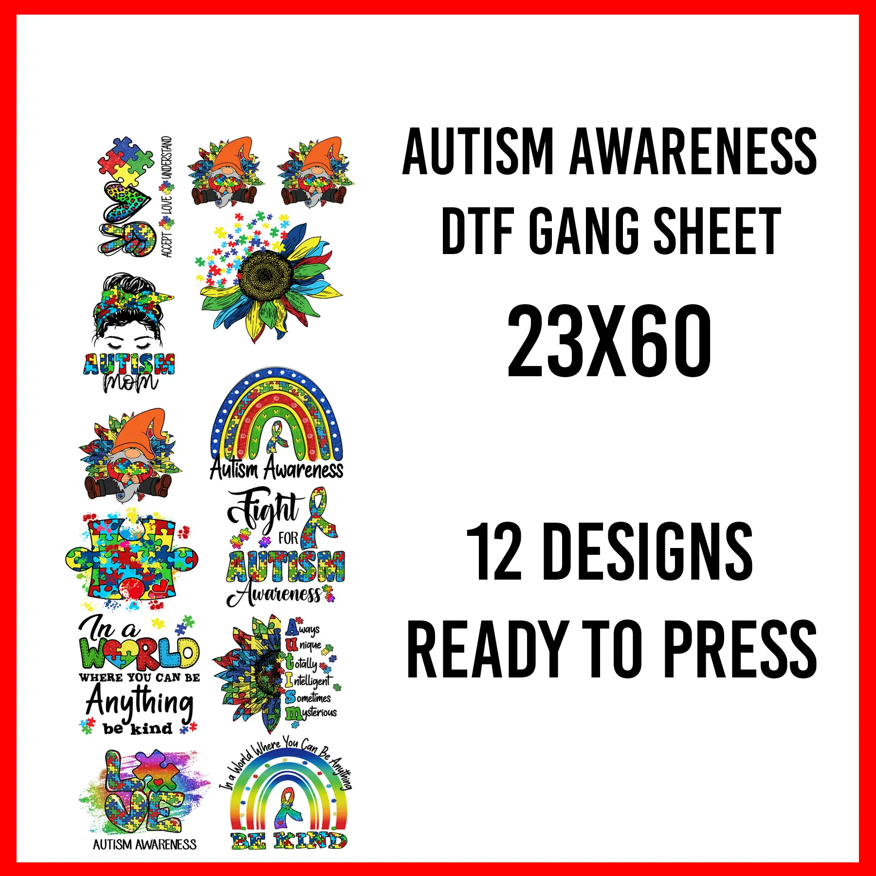 Autism Bundle 23"x60" roll, Ready-to-Press DTF Heat Transfers  | Adult Size, Use with Any Heat Press, Cricut, or Home Iron!