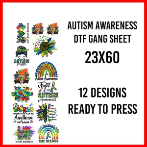 Autism Bundle 23"x60" roll, Ready-to-Press DTF Heat Transfers  | Adult Size, Use with Any Heat Press, Cricut, or Home Iron!