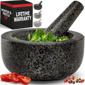 Heavy Duty Large 2 Cup Mortar and Pestle Set, Granite, Non Slip Base, for Making Guacamole, Salsa, Pesto, Stone Grinder Bowl, Herb Crusher, Spice Grinder, 6.3 Inches, Black
