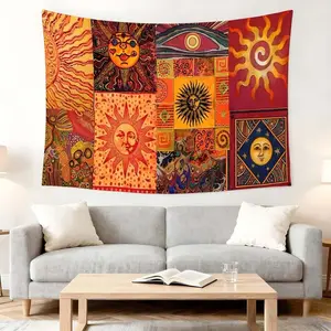 1 Pc Bohemian Sun and Star Wall Art Home Decor Vintage Room Decor Tapestry Living Room Background Festival Party Decoration Vibrant Colors Retro Design Artistic Hanging Fabric Cosmic Patterns Sun Symbol Mystic Aura Cozy Atmosphere