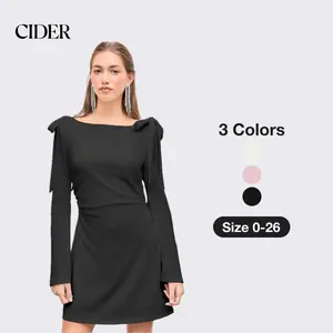 Cider Boat Neckline Solid Ruched Bowknot Mini Dress