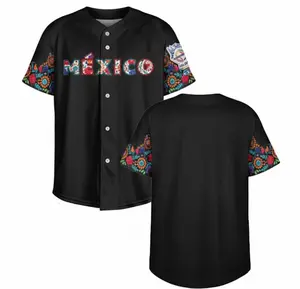 (Black/White) Mexico Floral Baseball Jersey Shirt for Men, Button Down Short Sleeve, Breathable Mesh Sportswear, Cinco de Mayo Streetwear Gift