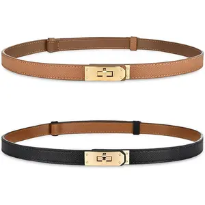2 pack Womens Skinny Leather Belt Adjustable Golden Turn Lock Buckle For Dresses Jeans Coats