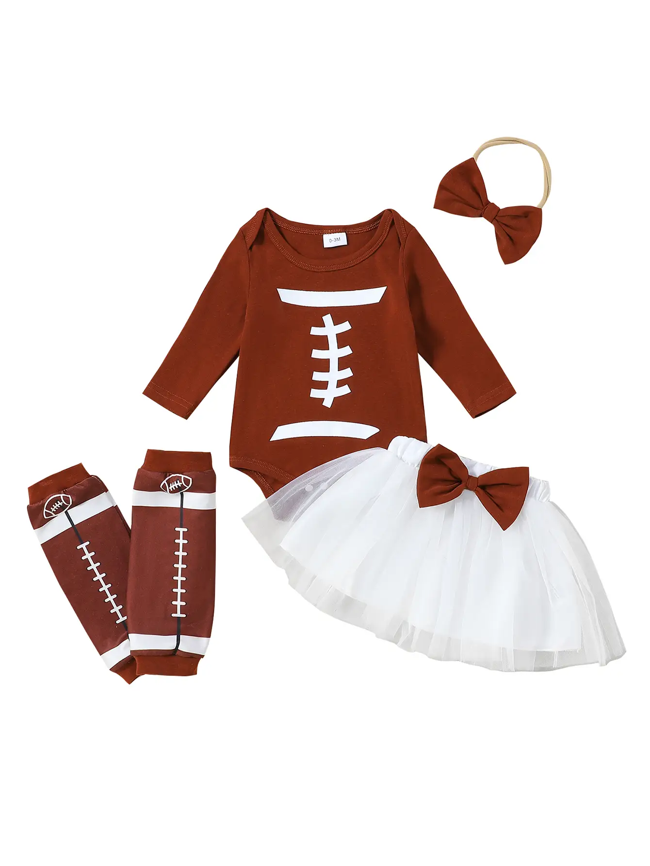 0-18 Months Baby Girls 4-Piece Cute Rugby Coffee Long Sleeve Romper and White Mesh Skirt Babygirl Clothes Clothing Products