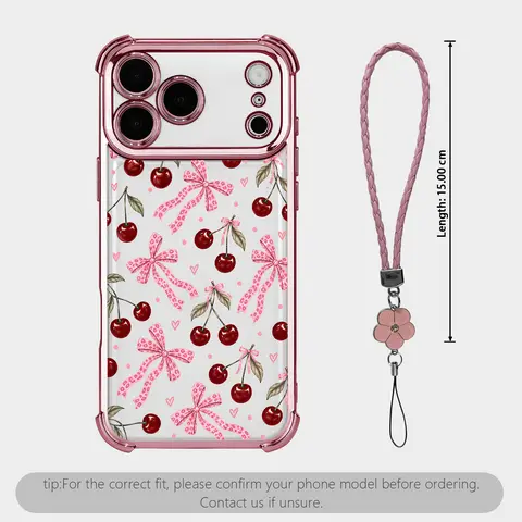 Cherry Bow Pattern Four Corner Anti-Fall Phone case for iPhone Galaxy 18Pro Max 17Air 16Plus 15 14 13 12 11 XR XS S26 S25 S24 S23 S22 cases, Glossy Cherry Print, Transparent cover, Non-Yellowing,Shockproof Soft silicone,Gifts for girls Women.JL138