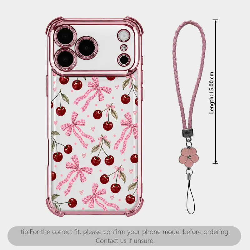 Cherry Bow Pattern Four Corner Anti-Fall Phone case for iPhone Galaxy 18Pro Max 17Air 16Plus 15 14 13 12 11 XR XS S26 S25 S24 S23 S22 cases, Glossy Cherry Print, Transparent cover, Non-Yellowing,Shockproof Soft silicone,Gifts for girls Women.JL138