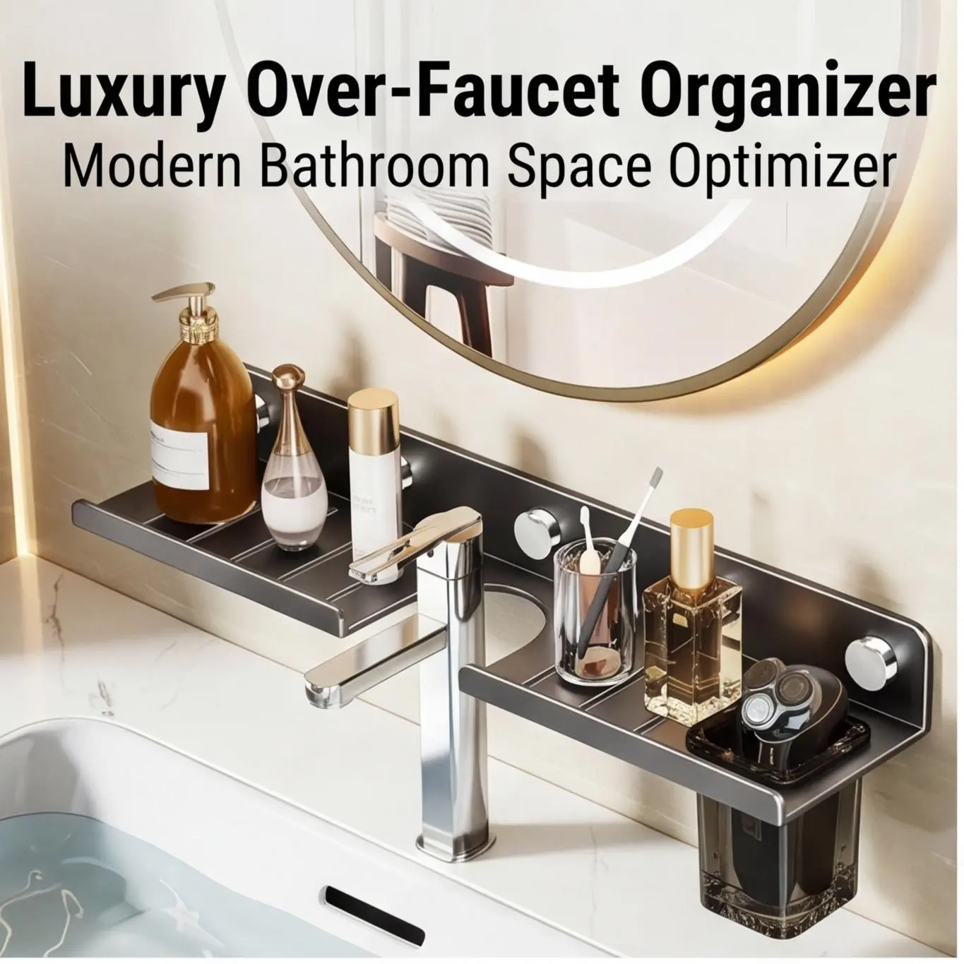 Over The Faucet Bathroom Sink Organizer Shelf, No-Drill Rustproof Aluminum Space-Saving Storage Rack With Fast Draining Design, Countertop Holder For Soap, Toothbrushes & Skincare Products