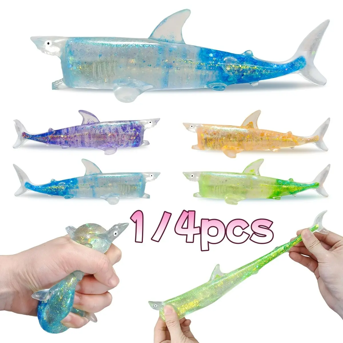 Soft Gel Shark Stress Ball Set, Cute Animal Squeeze Toy, Sparkly Ocean Sensory Toy, Perfect for Parties, Classroom Rewards, Birthday Gifts, Glitter Stress Balls, Glittery Squishies