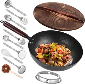 12.8" Carbon Steel Wok, 11Pcs Woks & Stir Fry Pans with Lid, No Chemical Coated Chinese Wok with 10 Cookware Accessories, Flat Bottom Wok for Electric, Induction and Gas Stoves