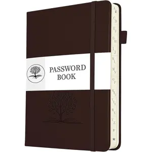 Password Book with Alphabetical Tabs - Small Password Keeper Book (5.6 * 4.3 in) with Inner Pocket, Hardcover Password Keeper Notebook for Log Internet Website Information (Dark Brown)