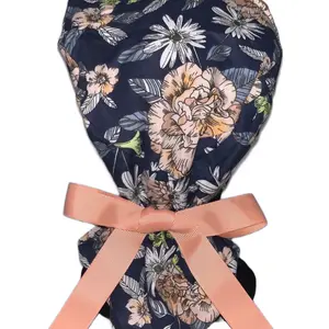 Satin Lined Ponytail Scrub Cap- Blue Floral