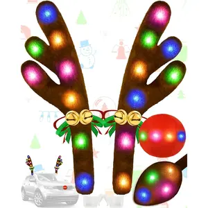 Christmas Reindeer Antlers Car Decoration Kit, LED Multicolor Lights Nose Vehicle with Jingle Bells Rudolph, Auto Holiday Accessories for SUV Van Truck Decor