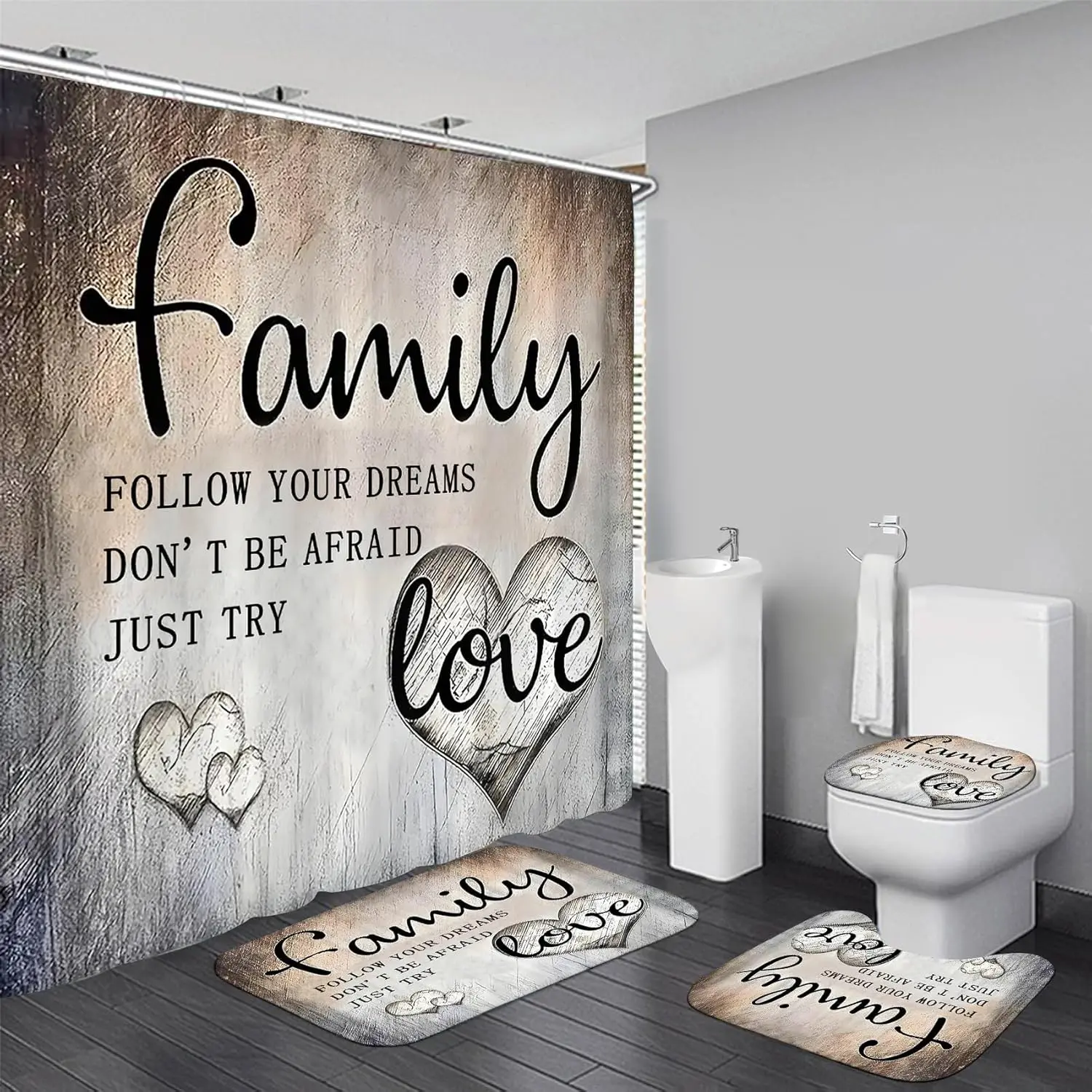 Retro Polyester 4-Piece Full Bathroom Accessory Set - 1 Waterproof Printed Shower Curtain, Flannel Rugs, Black Motivation Design - Wall Mounted Home Supplies to Accent Ambiance