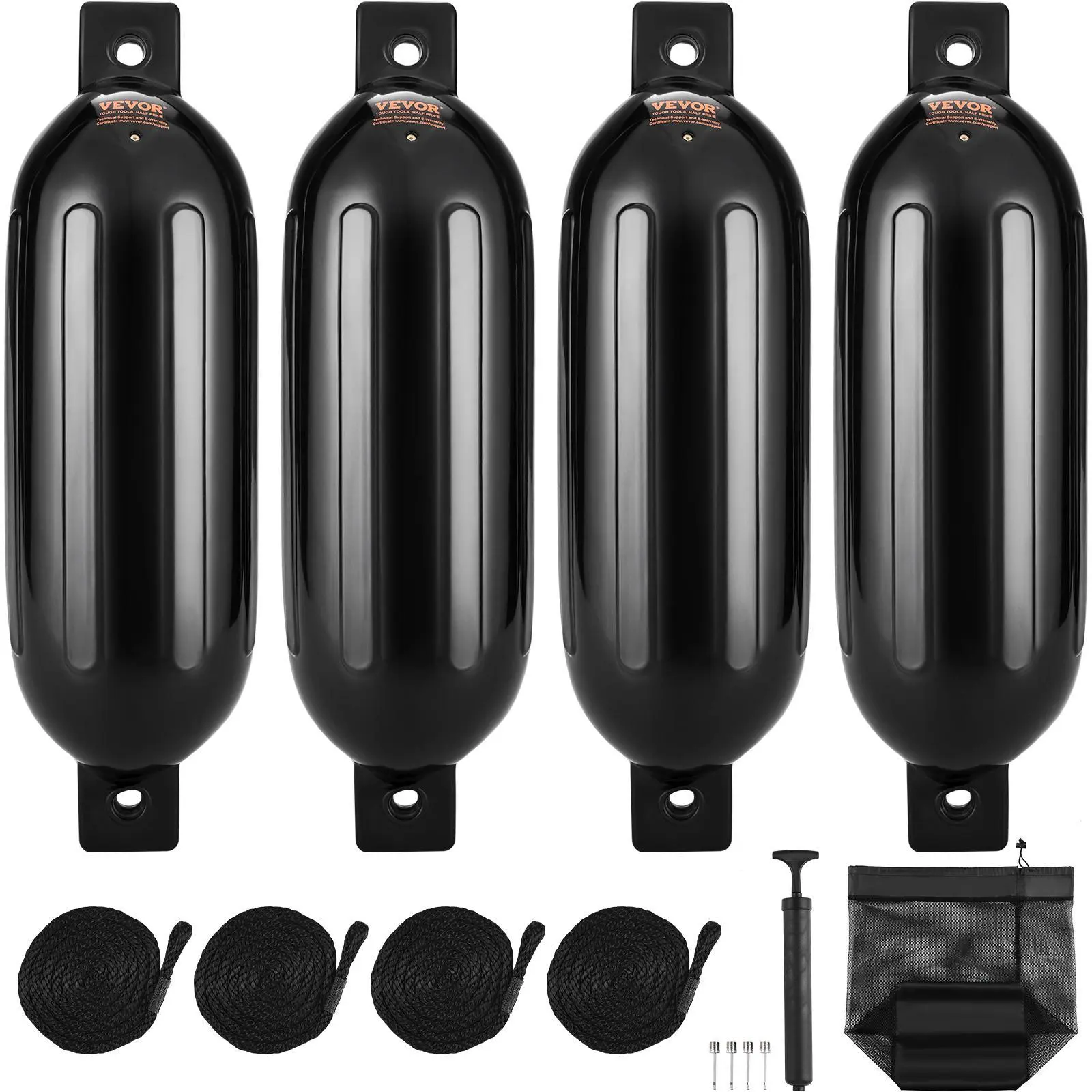 【SummerFinds】VEVOR Boat Fenders, 5.5" x 20" Boat Bumpers for Docking, Inflatable Ribbed Fender with Center Holes, Marine Boat Dock Fender Bumper with Air Pump, 4 Needles and 4 Ropes and Storage Bag, Black