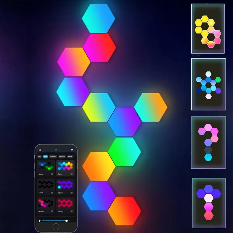 10-Pack Modern RGBIC Smart Geometric Hexagon LED Light Panels - Wall Mount, Freestanding, App/Remote Control, Music Sync, DIY Projector-Compatible, Individually Adjustable, Batteries Included for Gaming Room, Movie Room Decor