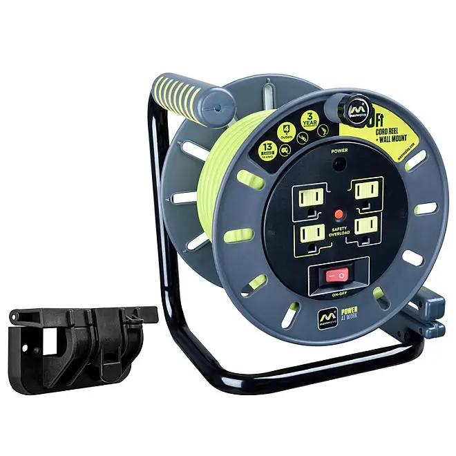 Masterplug | 50ft 4 Socket | Extension Cord Reel With Wall Mount 13A