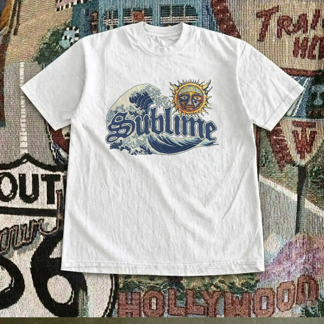 Sublime Sun T-shirt Vintage Ska Punk Band Sun Great Wave Graphic Tee, Retro Reggae Rock Concert Shirt, Loose Fit Top