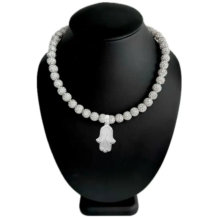 Iced Black Disco Ball Rhinestone Bead Baseball Necklace with Silver Hamsa Pendant