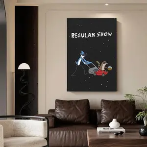 Framed Canvas Poster Print Wall Art 1pc Regular Show Canvas Poster - High-Quality Print, Anti-Fading & Smudge-Resistant, Cartoon Comedy Wall Art Featuring Iconic Characters & Red Lawn Mower, Perfect For Living Room & Bedroom Decor, Starry Night Background