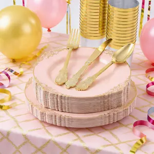 70-Piece Plastic Dinnerware Set, Cutlery, Trim Vintage Plates, Heavy-Duty Elegant Dessert & Dinner Plates, Wedding Party Use