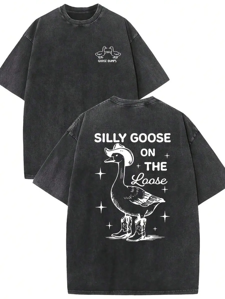 Vintage Western Silly Goose On The Loose T-Shirt, Washed Cotton Oversized Short Sleeve Tee, Funny Cowboy Goose Graphic Casual Crewneck Shirt for Humor Lovers