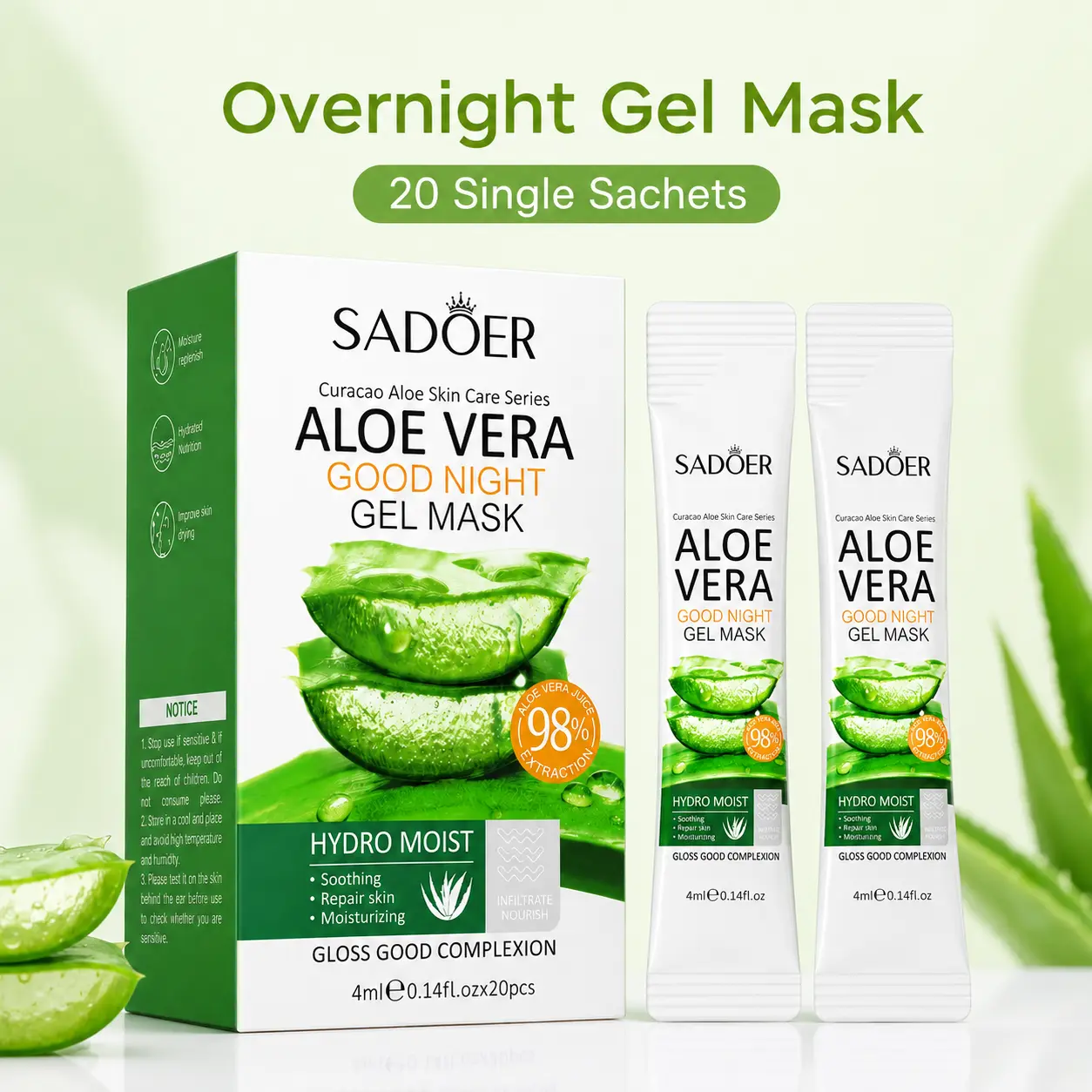 Aloe Vera Overnight Gel Mask, 20 Single-Use Sachets, Lightweight Hydrating Sleeping Face Mask, Night Skincare & Self Care