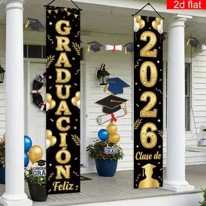2pcs, 2D flat banner, Happy Graduation 2026 in Spanish, front porch sign for parties, black and gold theme, featuring silhouettes of graduates and ribbon patterns, made of polyester, suitable for hanging decoration at graduation celebration parties.