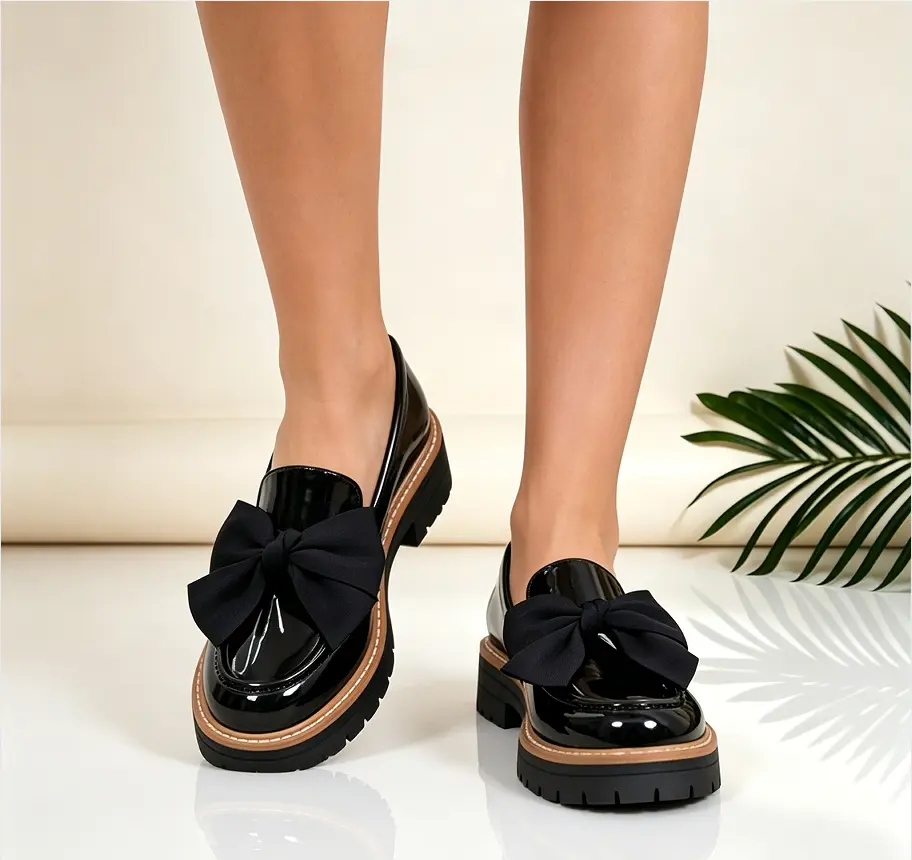Women's Classic Platform Leather Loafers - Thick-Sole Shiny Buckleless Slip-Ons with Multicolored Bow Decor, Chunky Low Block Heel British Vintage Footwear for Everyday Commuting, Bow Decor Loafers Flats Shoes Black, Women's Shoes, Buckleless Loafers