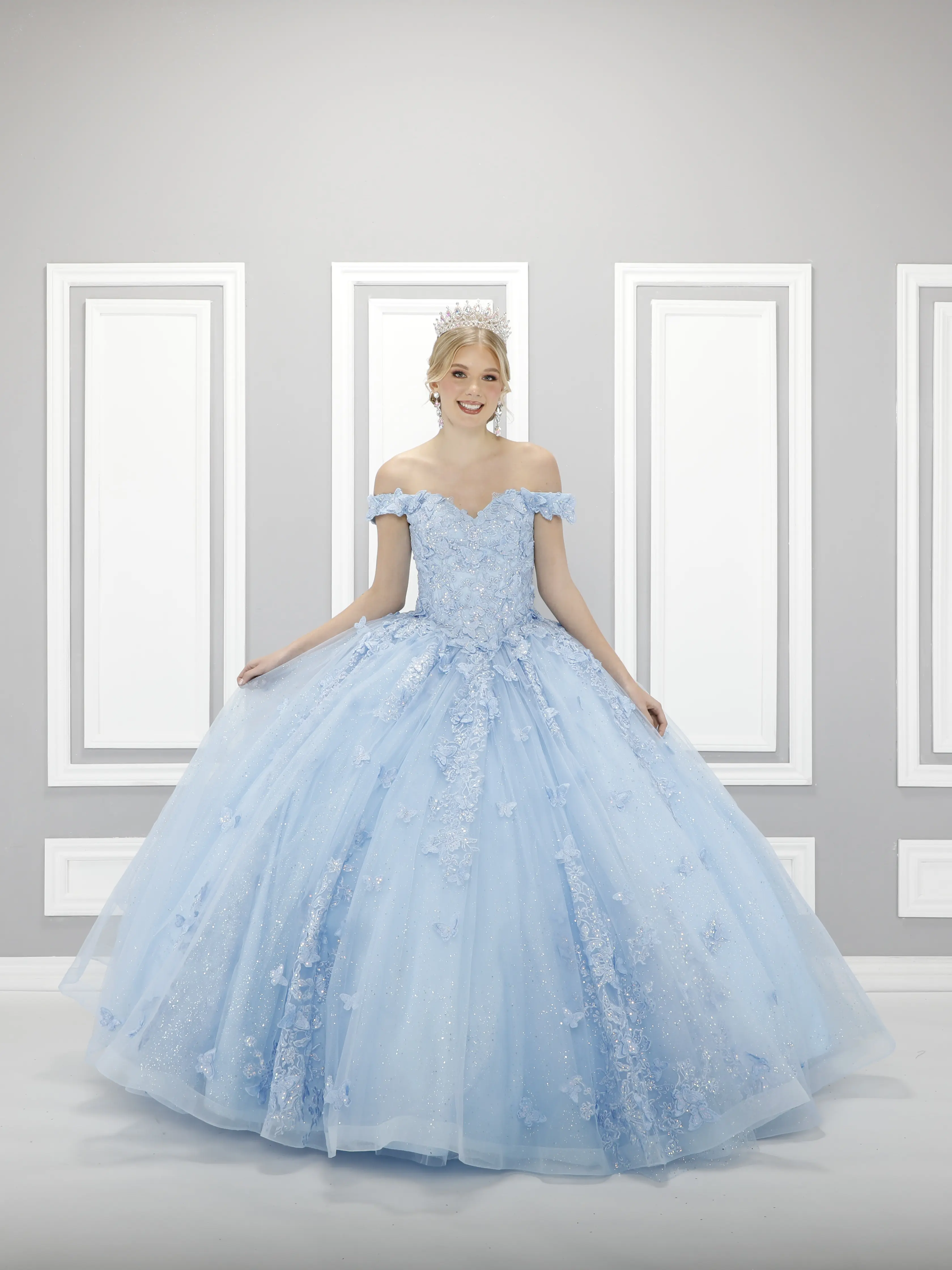 75709 Lilac Butterfly Quinceanera Dress Off-the-Shoulder Gown with Delicate Appliques and Romantic Sweetheart Neckline