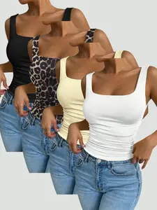 New Fashion Women's Slim Fit Versatile Casual Comfort Square Neck Vest Set, 4 Piece Set, Fitted Style, Plain Pattern