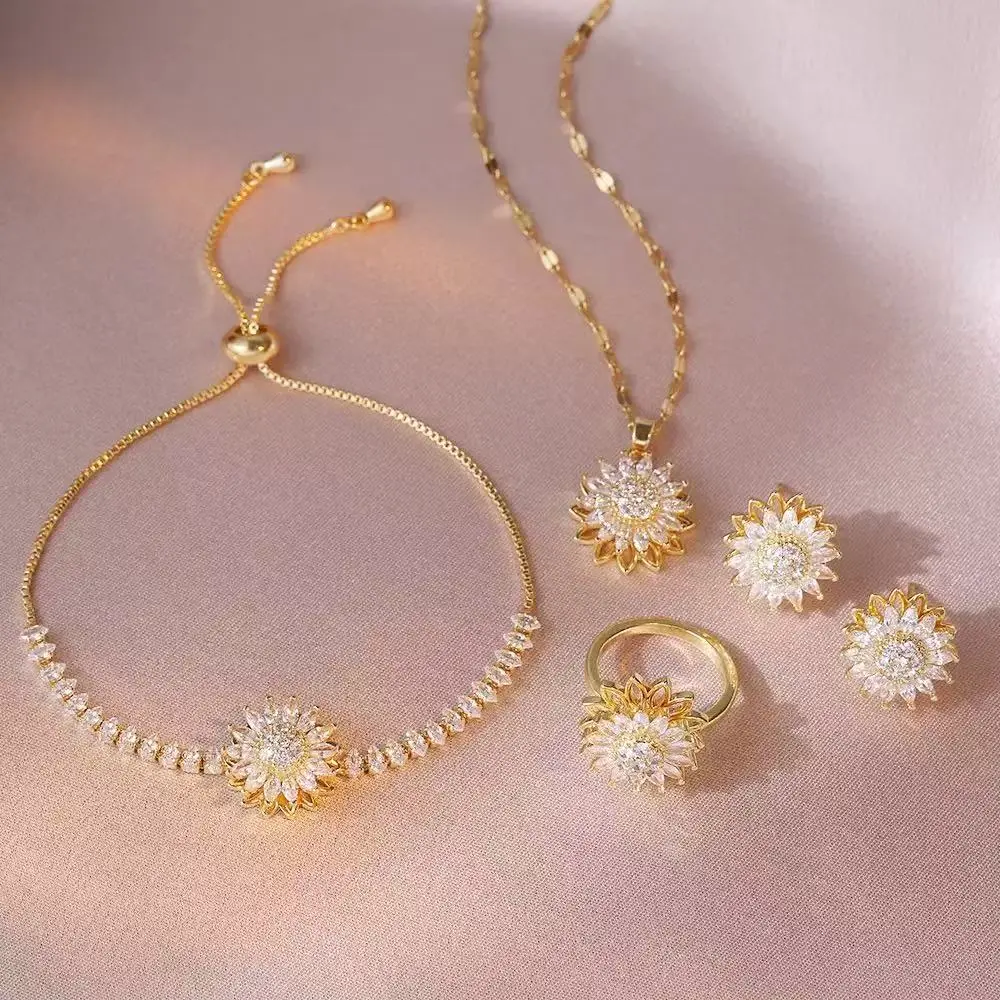 GoodLittleGoods Spinning Sunflower Jewelry Set - Rotating Ring, Earrings, Bracelet & Necklace for Women Elegant Fidget Jewelry Gift for Anxiety Relief Friendship Birthday Holidays