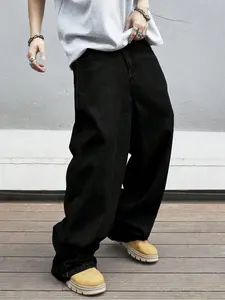 Men's Solid Color Plain Loose Wide-Leg Jeans – street-style Streetwear loose-fit denim pants that keep you comfortable all day. These are regular-fit wide-leg jeans perfect for daily Casual wear.