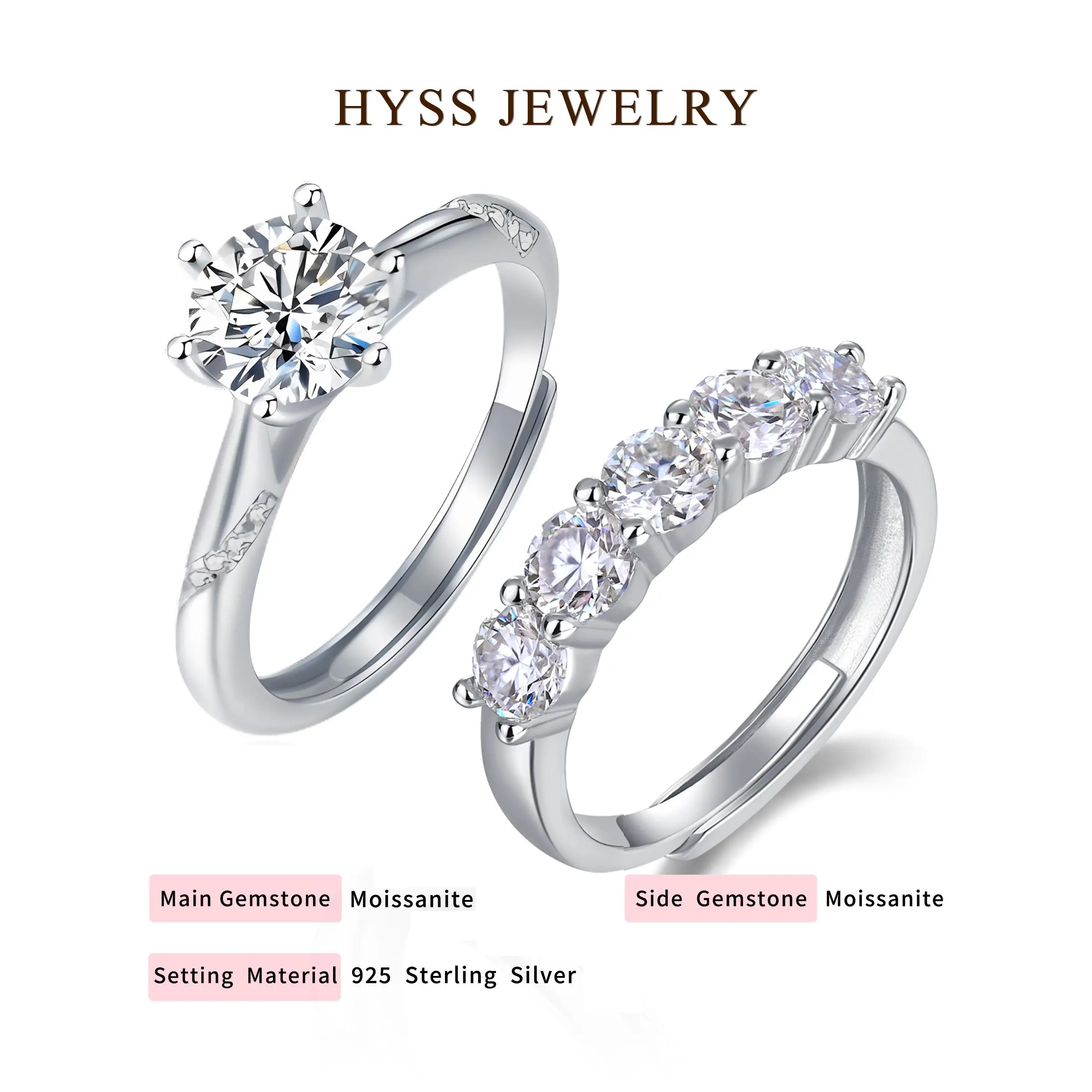 [S07] HYSS SPIRITUAL COMMUNICATION AND MELODY, Two Ring Set, Moissanite in 925 Sterling Sliver