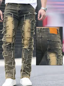 Men's Vintage Washed Denim Jeans, Knee Flap Jean, Distressed Patch Design, Slim Fit Straight Leg Pants, Street Style Fashion, Casual Wear