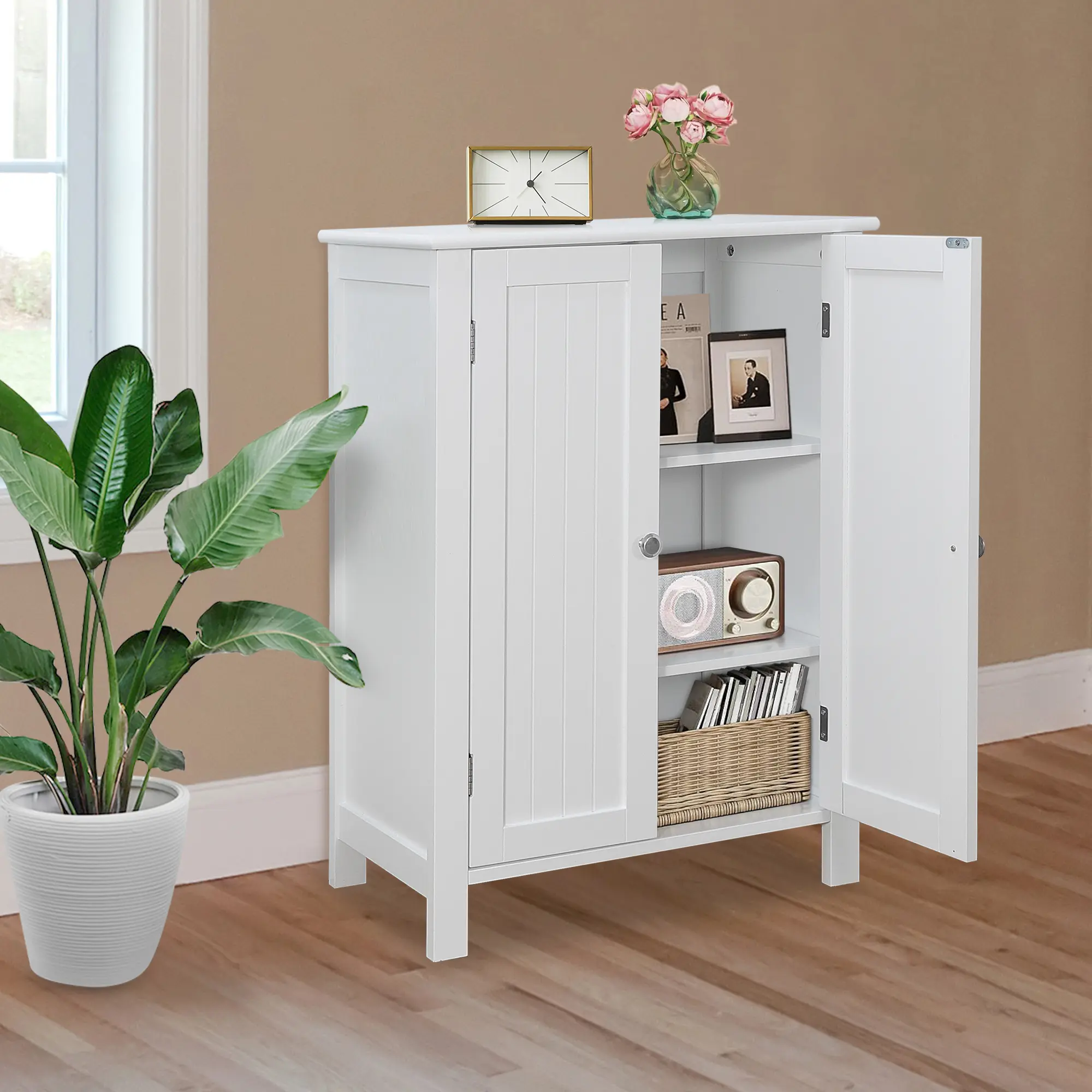 White Classic MDF Wood Freestanding Bathroom Cabinet - Sturdy Multipurpose Floor Storage with Anti-Tip Kit, Adjustable Shelves, Easy Installation, Modern Home Furniture, Freestanding Kitchen Cupboard