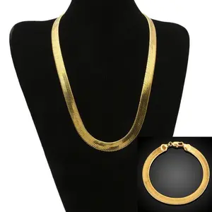 2pcs Gold-Tone Flat Herringbone Necklace & Bracelet Set - Men's Fashion Accessory