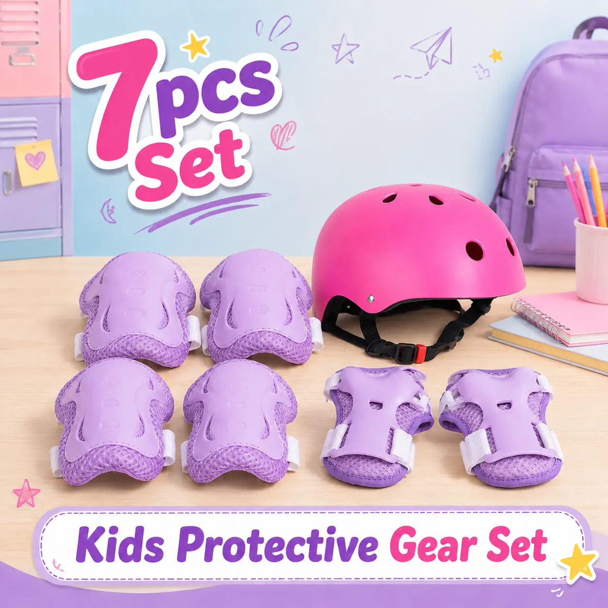 Purple Kids Helmet and Pads Set, 7PCS Protective Gear with Pink Knee Pads, Elbow Pads and Wrist Guards for Girls and Boys Ages 3-10